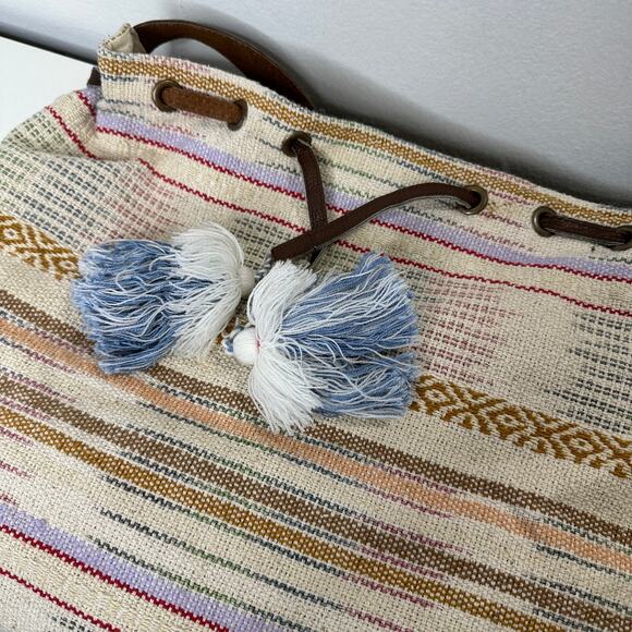 Lovestitch Tan Multicolor Striped Canvas Boho Bag Drawstring Snap Closure - Picture 7 of 16